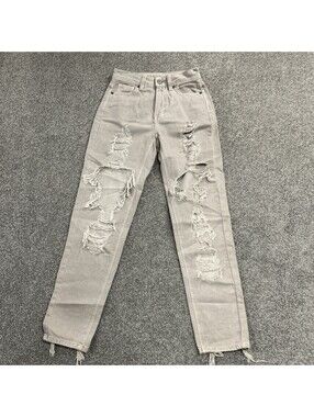 American Eagle Women’s Grey Distressed Mom Jeans High Rise Denim